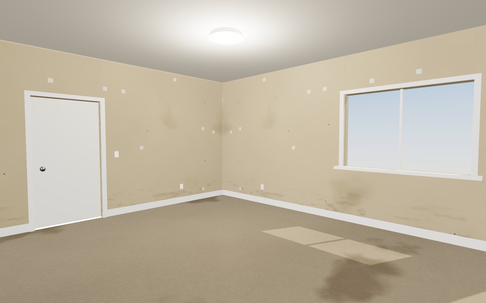 Before: worn walls, stains, and scuffed carpet
